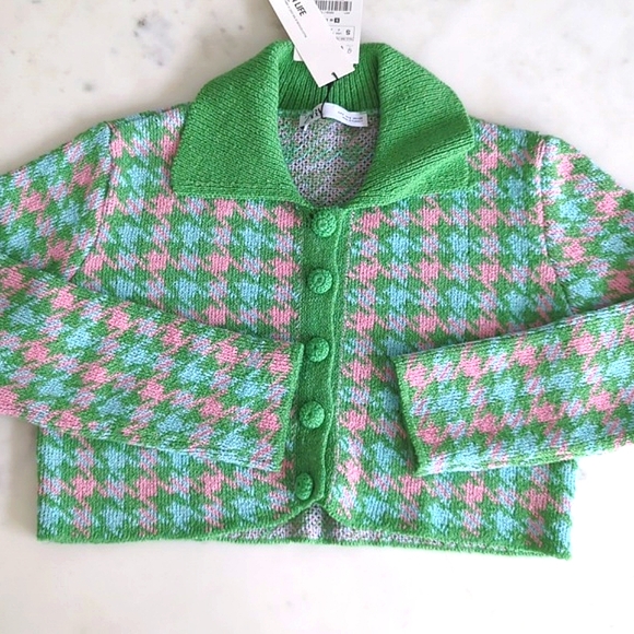 ZARA Houndstooth Knit Crop Cardigan & Skirt Set 2 pc S pink green mini skirt NEW - Picture 13 of 16